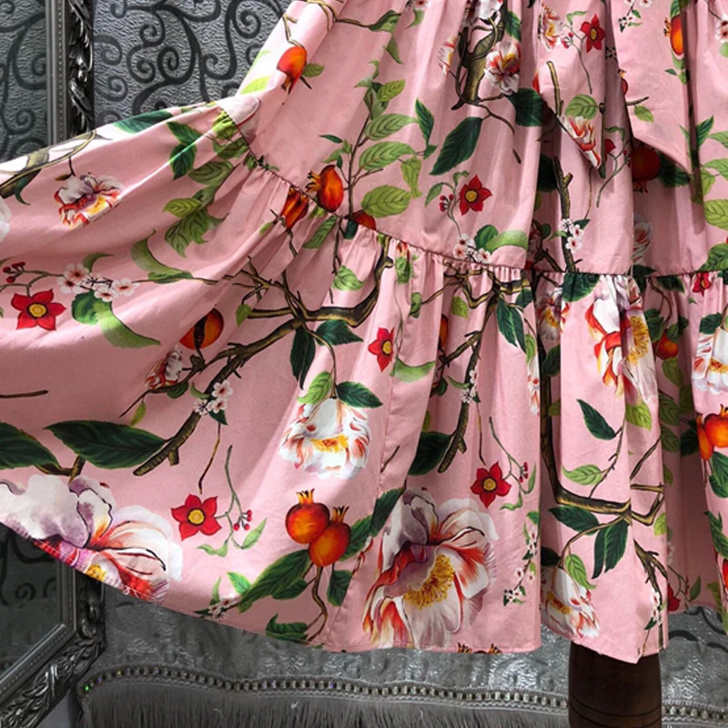 

SEQINYY Pink Dress 100% Cotton Summer Spring New Fashion Design Women Runway High Quality Fruit Flowers Print A-line Belt Casual