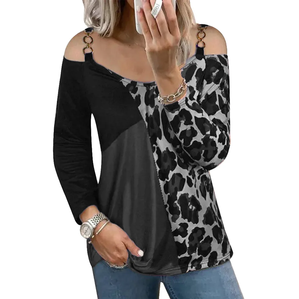 

Women Sexy Cold Shoulder Long Sleeve Chain Pullover Swinging Collar Leopard Print T Shirt Patchwork Elegant Fashion Female Tees
