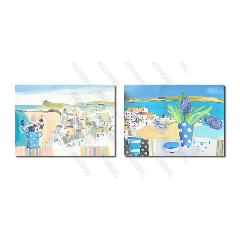 

European Style Canvas Material Painted Seaside Beach and Small Village Scenery Map Background Poster 2 Pc Living Room Furniture