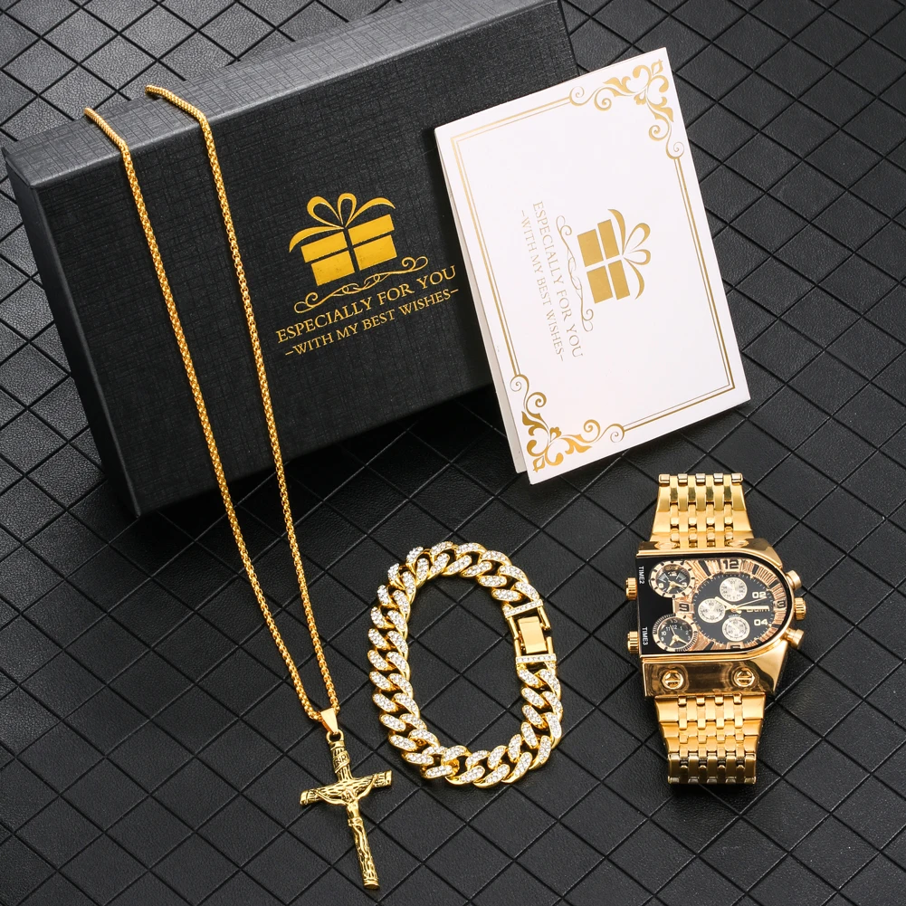 Conjunto de Reloj de lujo Para Hombre, pulsera de cuarzo dorado, collar,...