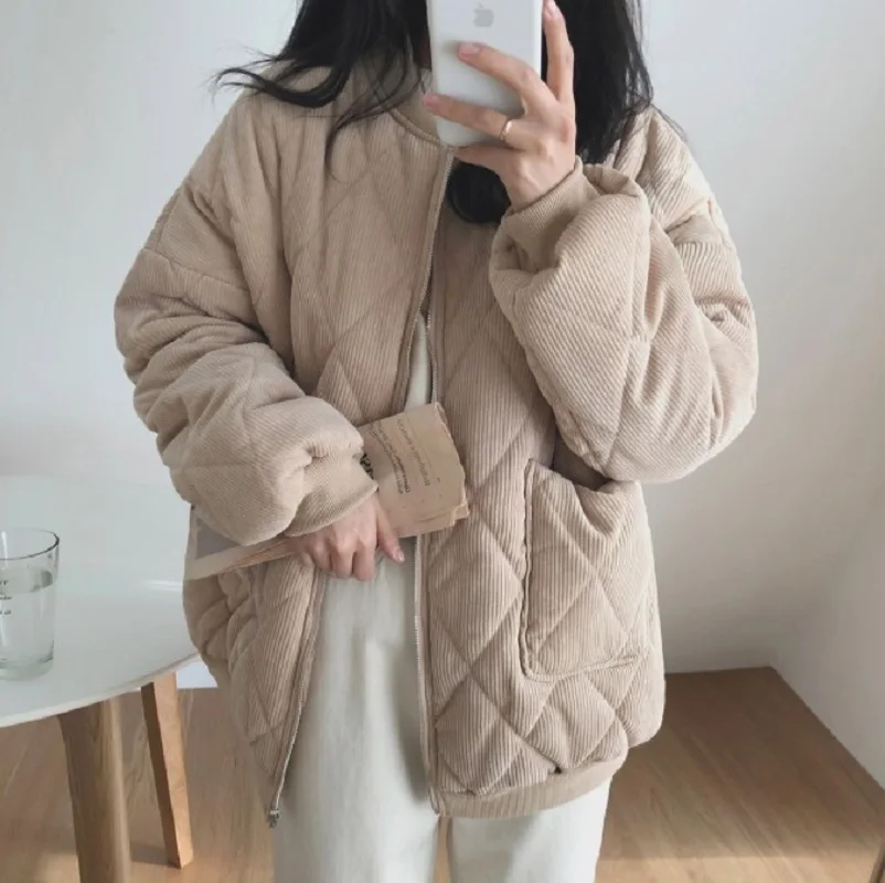 

New 2021 Autumn Winter Women thick Jackets V-neck Puffer Corduroy Parkas High-Quality Warm Oversize Vintage Wild Coat