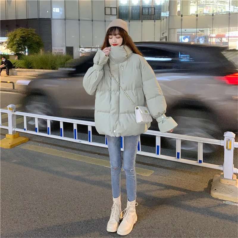 

2021 New Autumn Winter Small Cotton Solid Color Padded Jacket Womens Clothing Zipper Clothes Korean Loose Stand Collar Outerwear