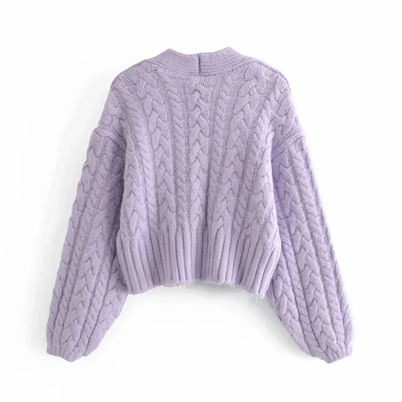 

Za Women's Knitted Sweaters Jacksts Cardigan Coats Purple Jumpers Female Long Sleeves Crop Top Chic V neck Casual Thick Knitwear