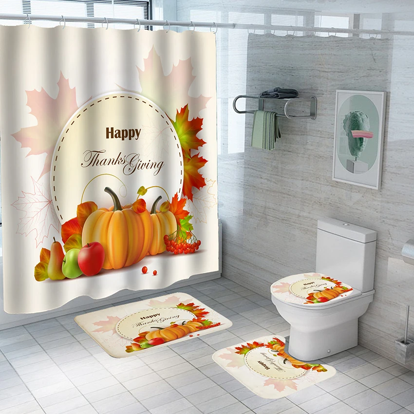 

Bathroom Shower Curtain Decoration Thanksgiving Day 4 pcs Set Non-slip Padded Floor Mat Waterproof Polyester Partition Curtain