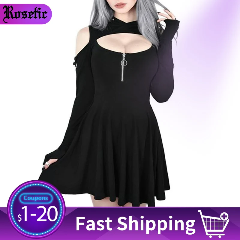 Женское платье с капюшоном Rosetic повседневное весеннее черное в готическом стиле