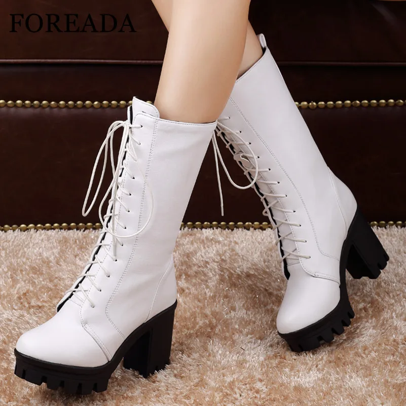 

FOREADA Platform Super High Heel Woman Boots Lace Up Mid Calf Boots Round Toe Block Heel Shoes Female Autumn Winter White 34-43