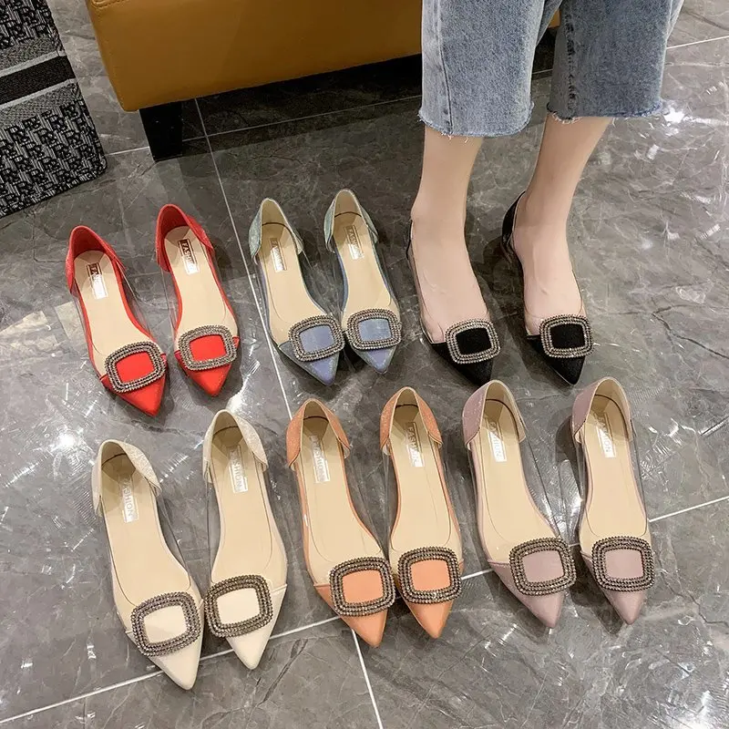 

Summer Flats Women Transparent Sandals Low Heels Ladies Boat Shoes 2021 Women Fashion Pointed Toe Ballet Flats Shoes Size 35-41
