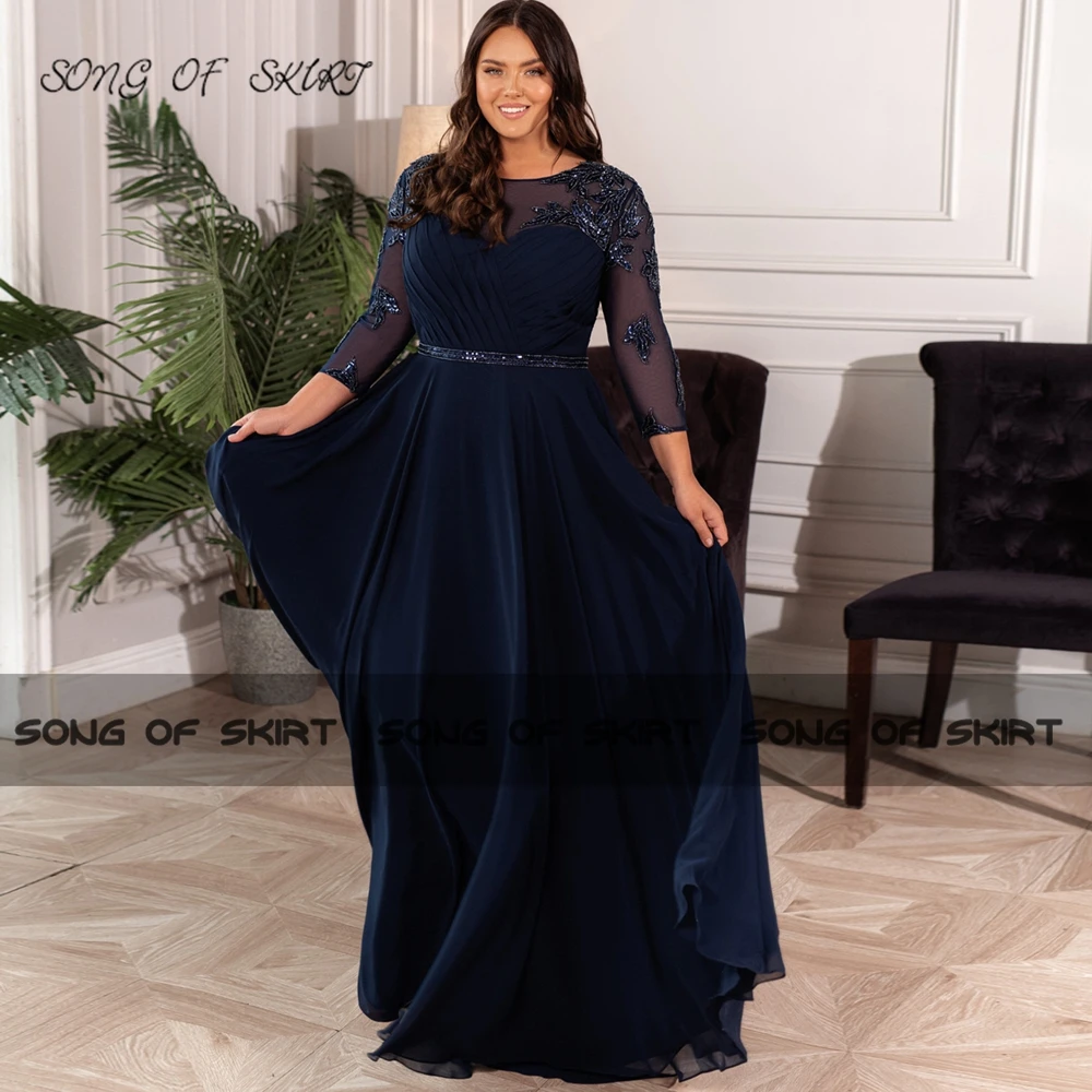 

Royal Blue Three Quarter Sleeves Long Mother Dresses Sequin Crystal Formal Evening Gown Vestido Mãe Da Noiva Plus Size