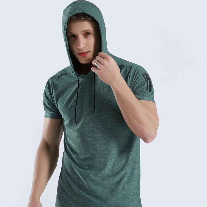 Мужская спортивная футболка с капюшоном коротким рукавом быстросохнущая для