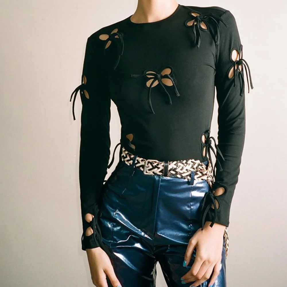 

Missme 2021 Черная футболка Топ в готическом стиле рубашка с длинными рукавами цветочные Выдалбливают повязку лук уличная в готическом стиле с о...