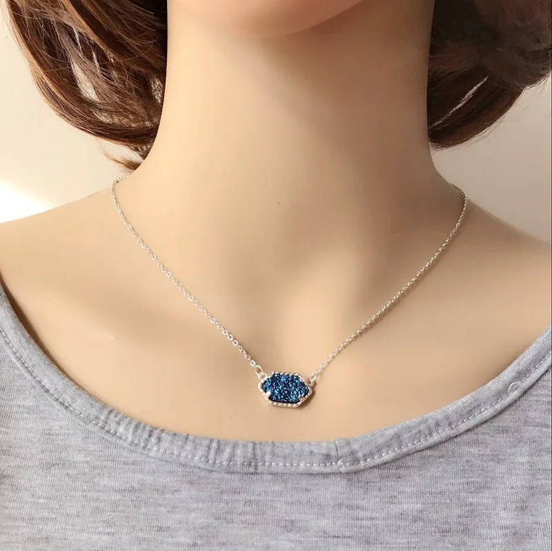 S blue 20 опций Druzy Кулон из друзы ожерелье Шестигранная Смола Druse Серебро Золото Цвет цепи воротник модный бренд ювелирные изделия для женщин девушка подарок - Окраска металла: S blue