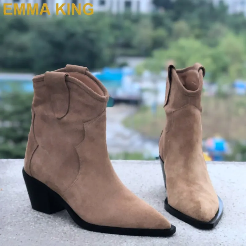 

Fashion Women Western Style Cowboy Work Boots Pointy Toe Chunky Low Heel Ankle Boots Suede Leather Booties Woman 2019
