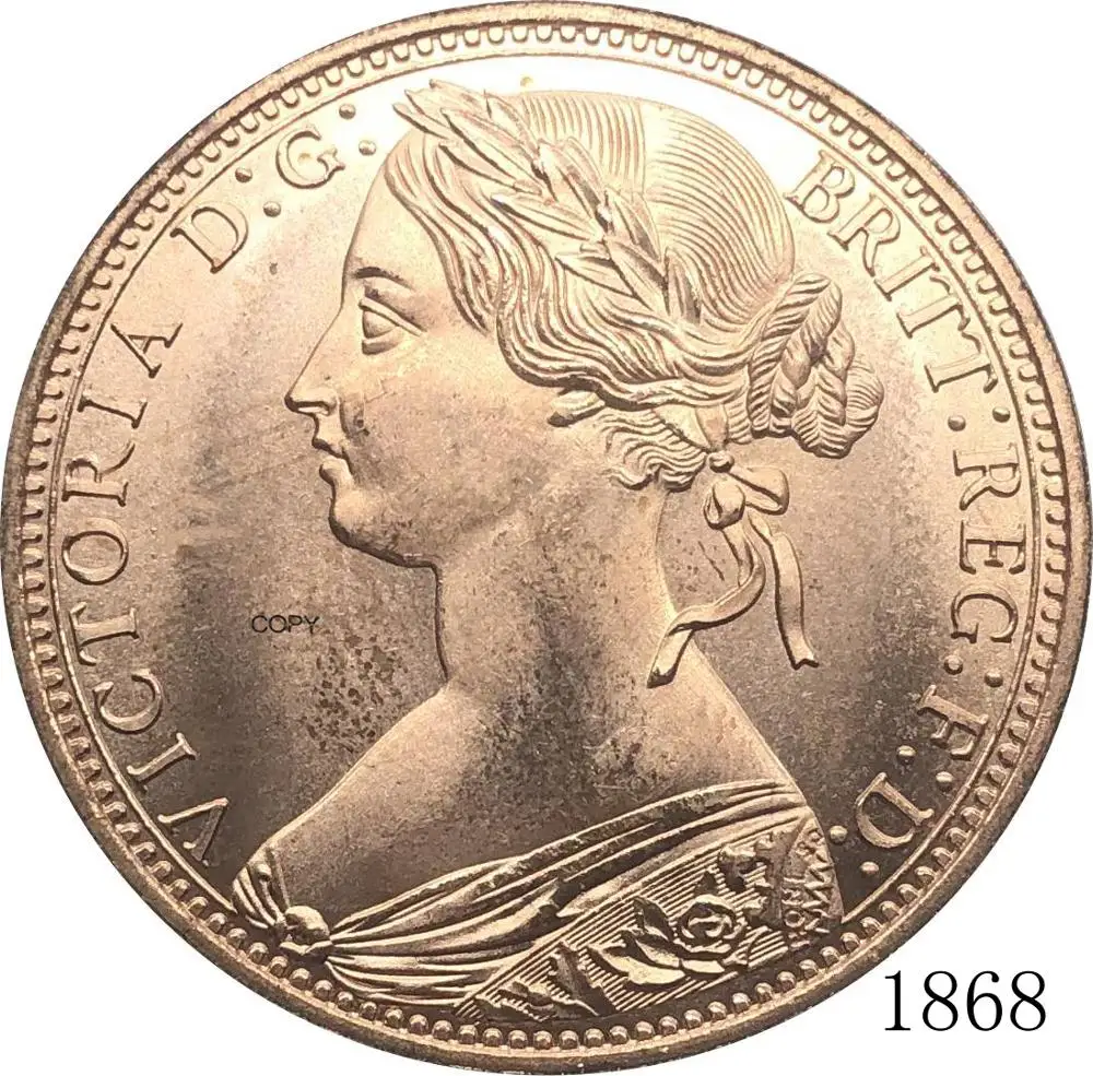 

United Kingdom 1868 1 One Penny Queen Victoria Great Britain Bronze Portrait Red Copper Copy Coin With Smooth Edge
