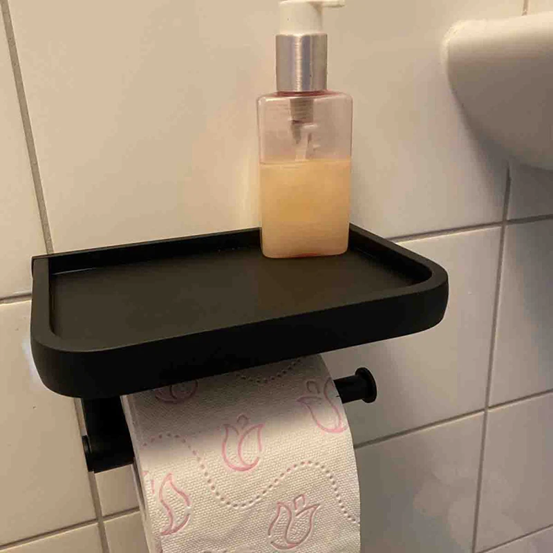 

Wall Mounted Black Toilet Paper Holder Tissue Paper Holder Roll Holder with Phone Storage Shelf Bathroom Accessories