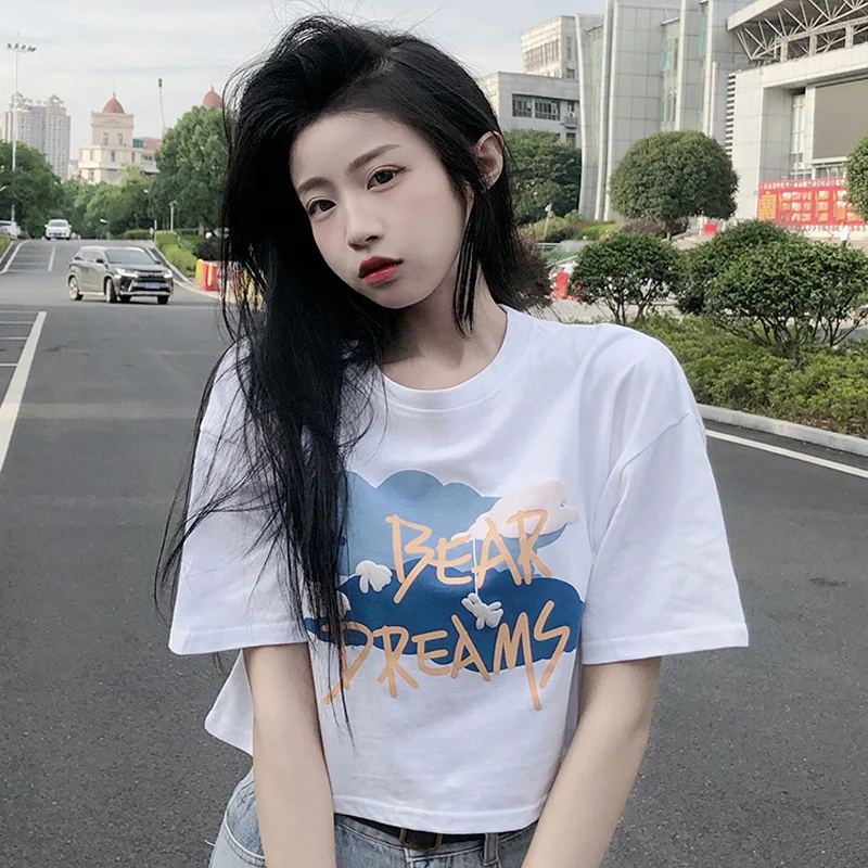 

Japanese Harajuku Summer Women's Short Sleeve White Top 2021 New Loose Thin Short T-Shirt Ladies Design Niche Letter Print Tee