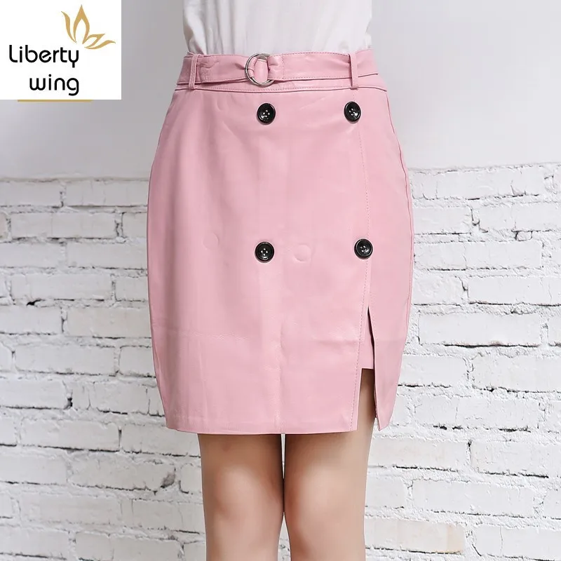 Весенняя Новая розовая Офисная Женская юбка из натуральной овечьей кожи