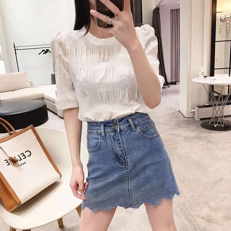 

Женская Однотонная рубашка с коротким рукавом и круглым вырезом