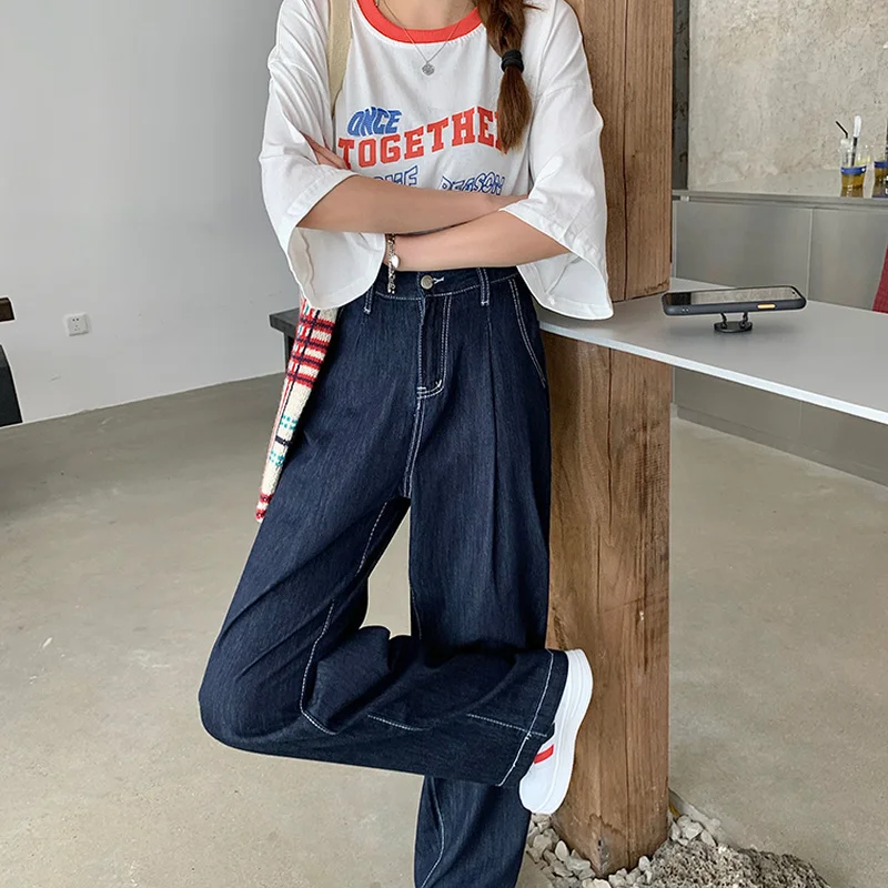 Женские джинсовые брюки с высокой талией и широкими штанинами модные