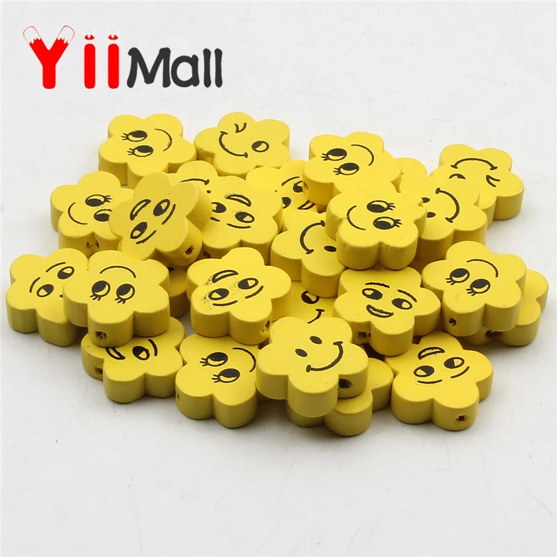 20 мм 30 шт желтые деревянные бусины в форме цветка с изображением смайлика для