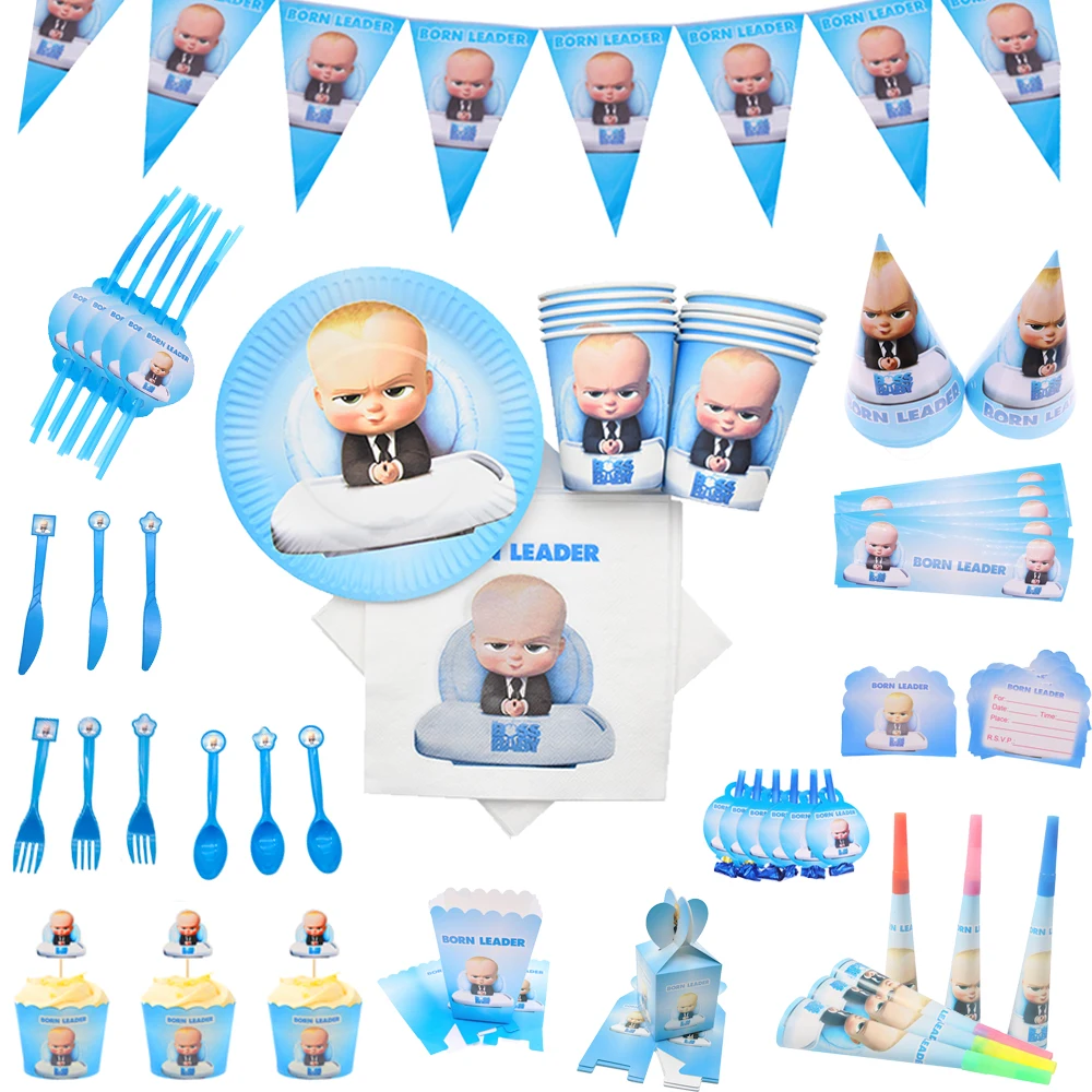 

Cartoon Boss baby Disposable Tableware Set Kid Birthday Party Decor Napkin Cup Plate Straw Banner balloons Party Sup