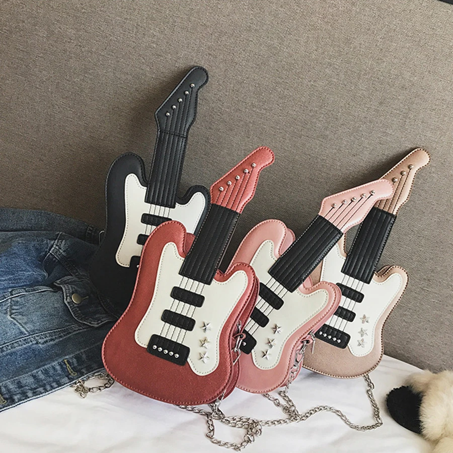 

2020 Fashion Guitar Shoulder Bag Women Casual Chains Pu Leather Color Matching Ladies Chain Purse Crossbody Girls Messenger Bag