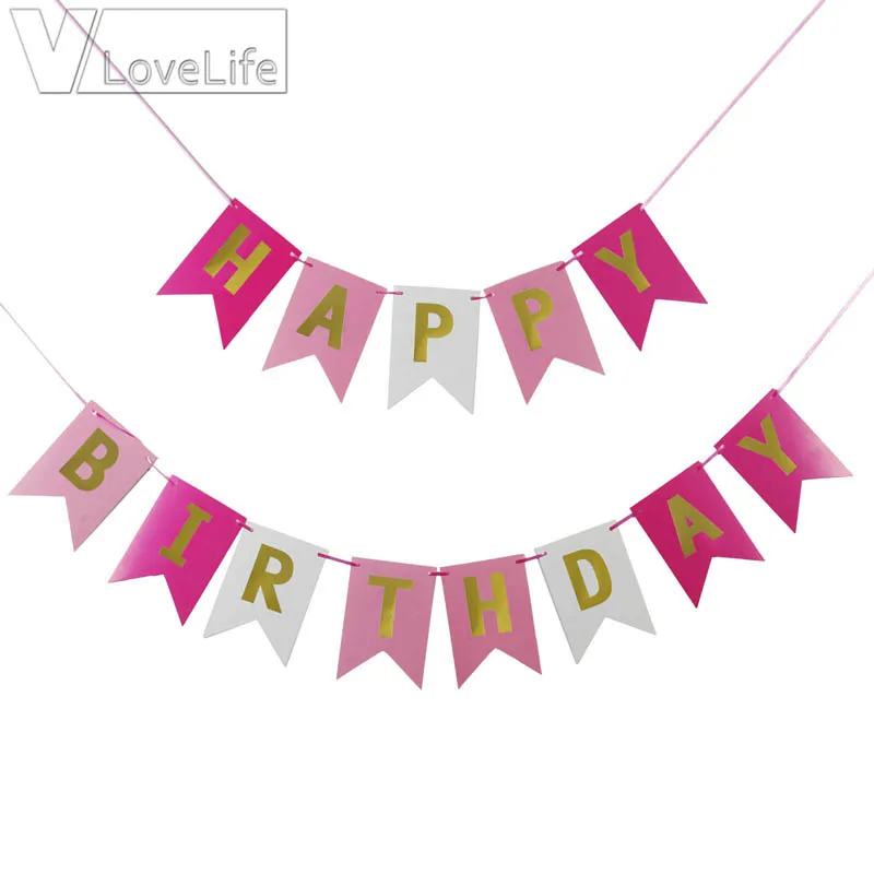 Блестящий баннерный баннер с надписью Happy Birthday золотыми буквами Висячие розовые