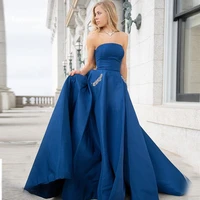 2022 Long Prom Dress With Pockets Strapless A-line Formal Evening Party Dresses Royal Blue Full Length Vestido De Gala Logo