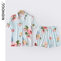 2021 summer pajamas women satin korean peony fresh print short sleeve shorts lapel two piece set viscose lounge home clothes