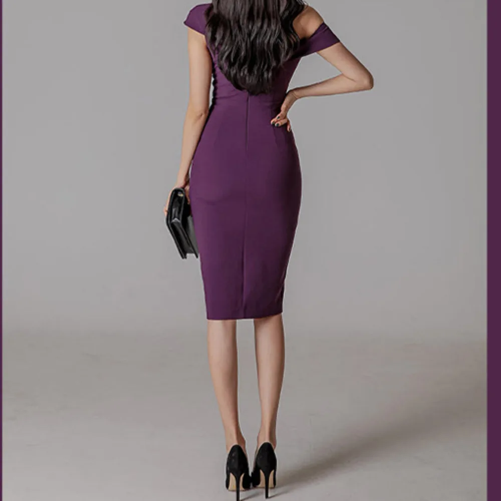 

2021 Office Women Split Side Vintage Elegant Summer Solid Oblique Shoulder Zipper Back Formal Stretch Pencil Work Bodycon Dress