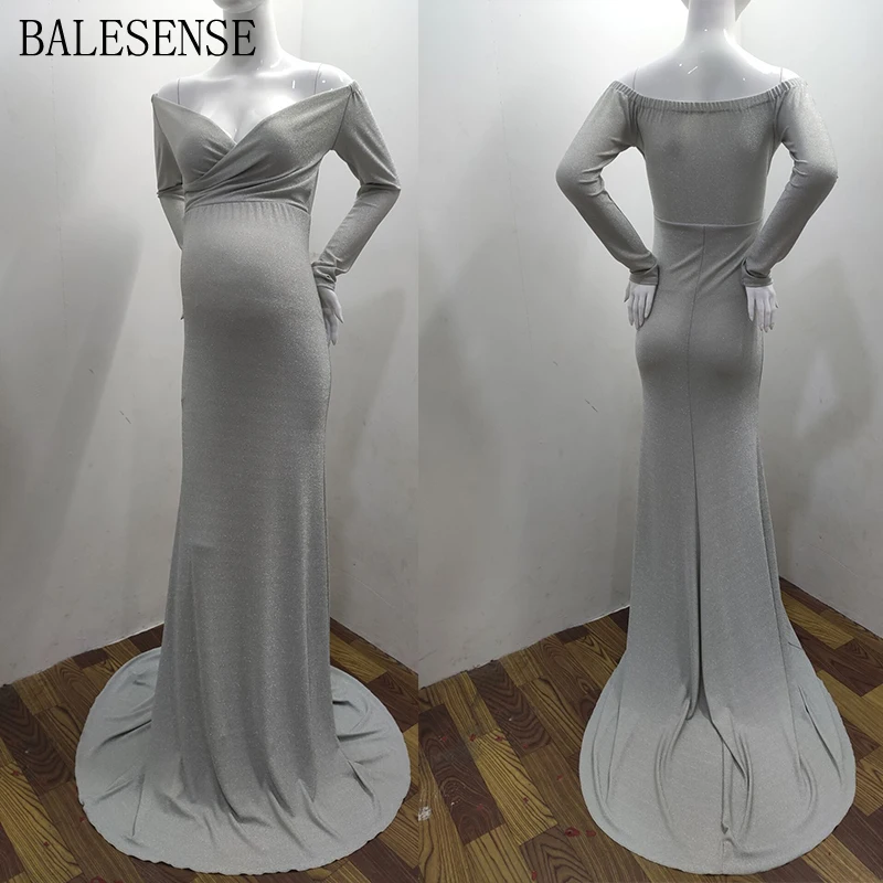 Беременных Для женщин блесток с открытыми плечами длинным рукавом облегающая