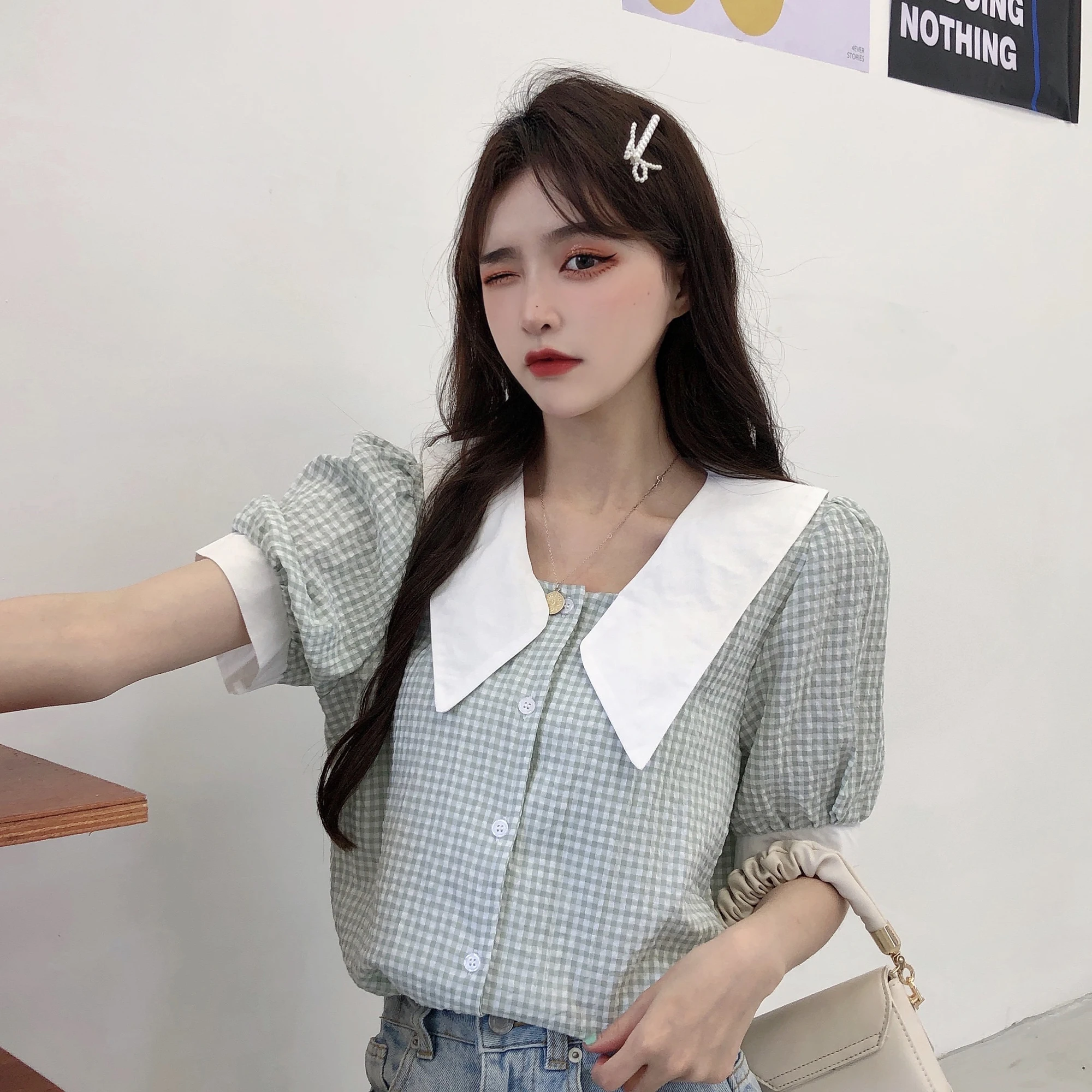 

2021 Women Small Plaid Tops and Blouses Puff Sleeve Blouse Ladies Shirts Lapel Campus Style Top Summer Blue Green Student Shirt