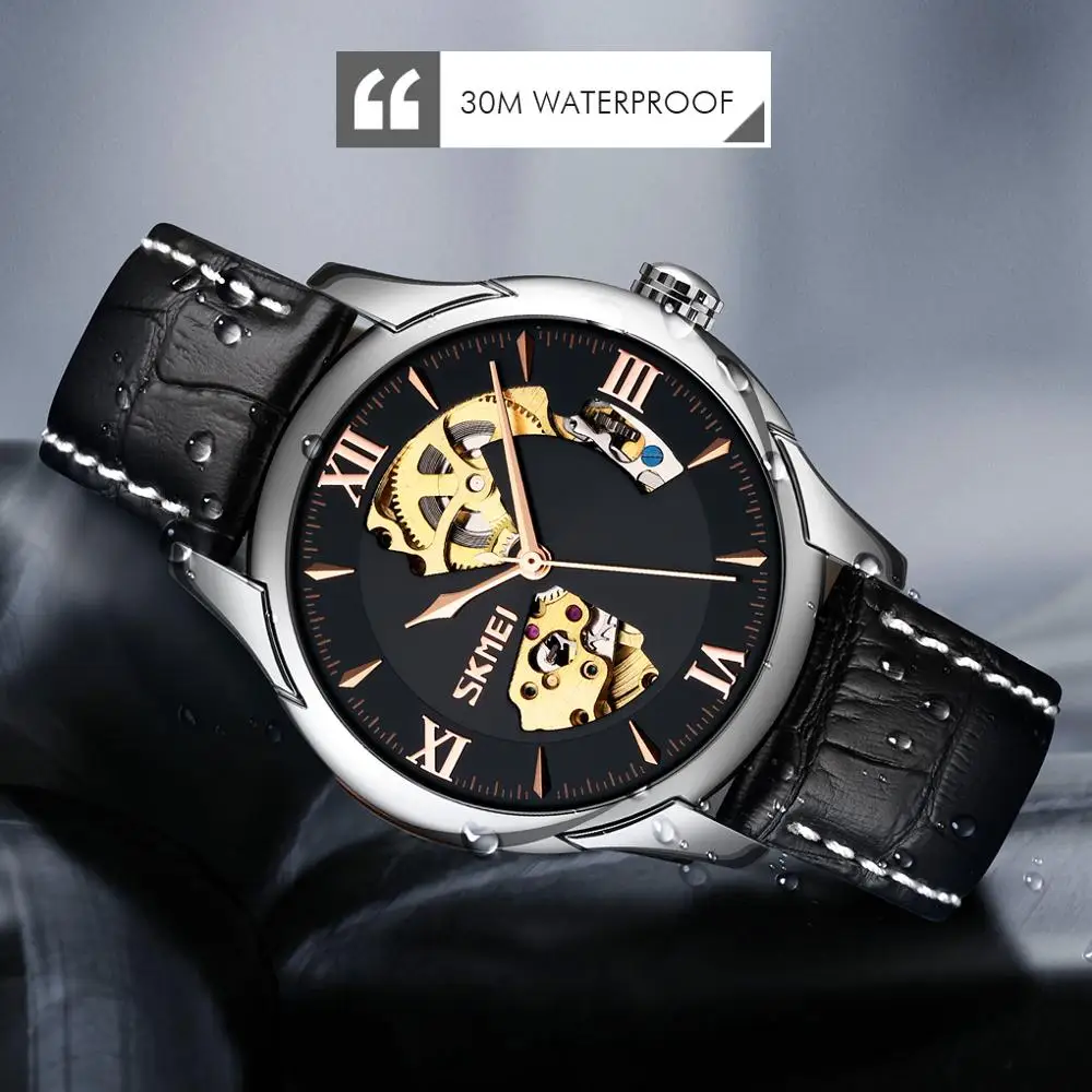 

Luxury Leather Automatic Watch Men Fashion Brand SKMEI Mechanical Watches Hollow Men's Watch Clock Relogio Masculino 9223