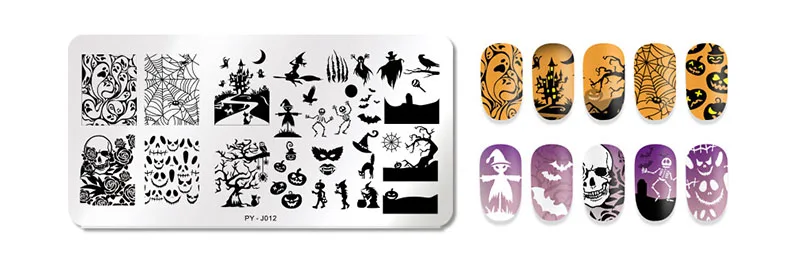 PY-J012 12*6cm Rectangle Nail Stamping Template Halloween Style pumpkin Spider Web Flower Patterns DIY Nail Designs Manicure Stamp Plate - Цвет: PY-J012