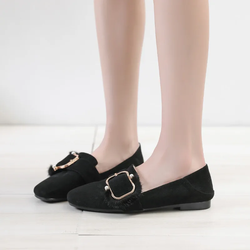 Женская зимняя обувь с кроличьим мехом лоферы на плоской подошве Осенняя пряжкой