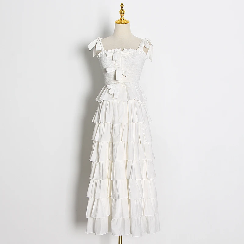 

Elegant Summer Dress Square Collar Sleeveless Spaghetti Strap High Waist Patchwork Ruffles Bow Dresses Female Tide