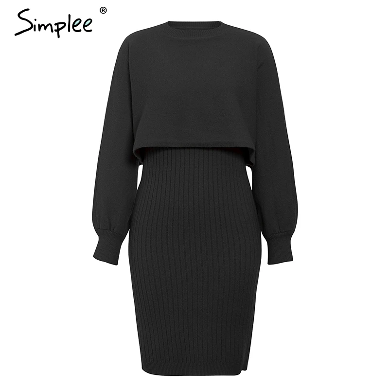 Long Black Simplee элегантный 2 шт. женское трикотажное платье, тонкое, без рукавов, платье-свитер, Осень-зима, Женский пуловер, свитер комплект с платьем - Цвет: Long Black