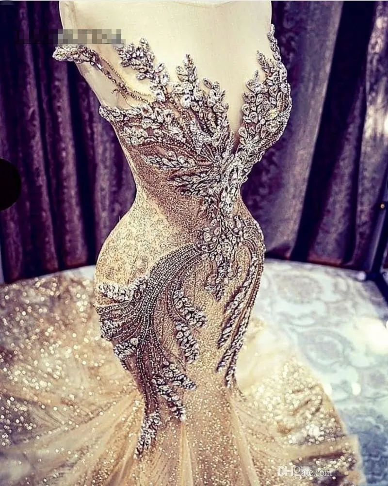 

2022 Gold Prom Dresses Mermaid Arabic Dubai Evening Wear Sheer Jewel Beaded Backless Modest Formal Party Gown Robe De Soiree