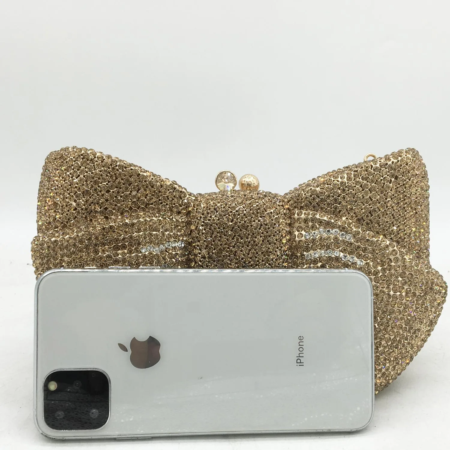 Boutique De FGG Novelty Women Bow Clutch Crystal Evening Bags Hard Case Metal Minaudiere Rhinestone Handbags Wedding Party Purse |