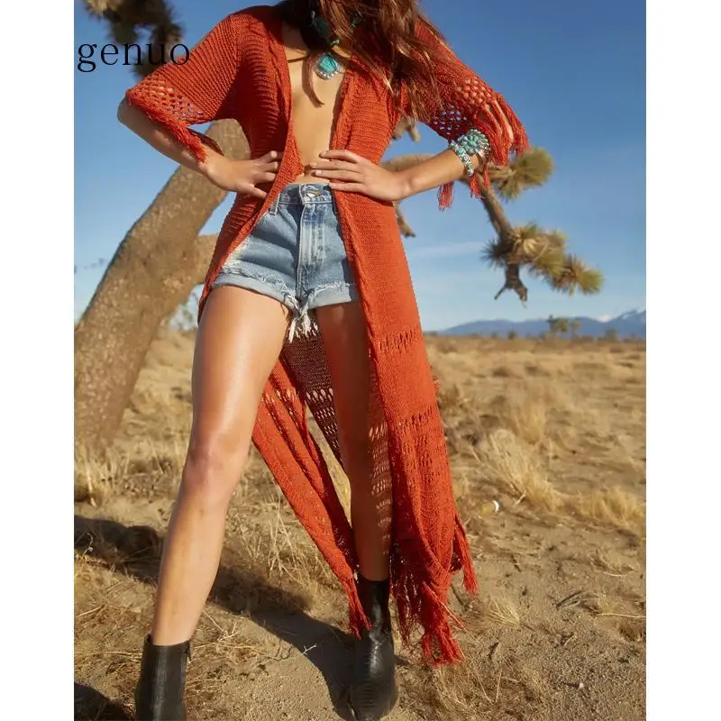 

Вязаный длинный наряд кафтан на пляж туники для пляжа макси летнее платье халат с кисточками женское вязаное пляжное платье