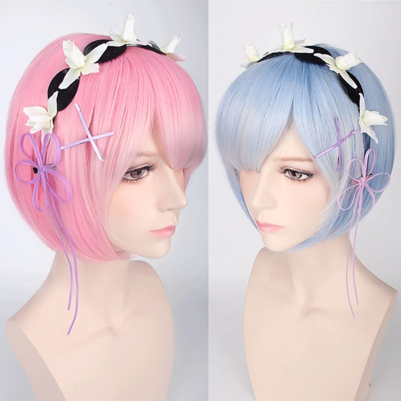 Re:Life In A Different World From Zero Rem Ram Japanese Anime Cosplay Short Blue Pink Wig Hair and Wigs Cup Halloween Carnival