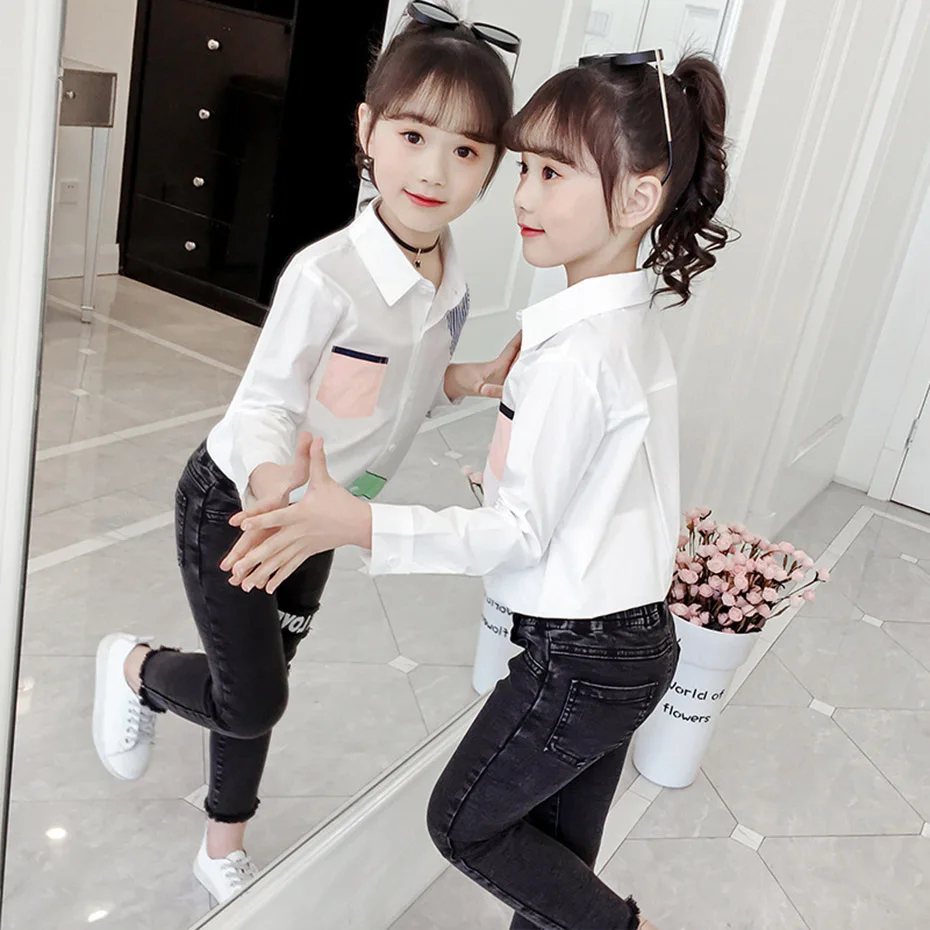 Белая блузка для девочек лоскутные рубашки полосатая детская осенняя школьная