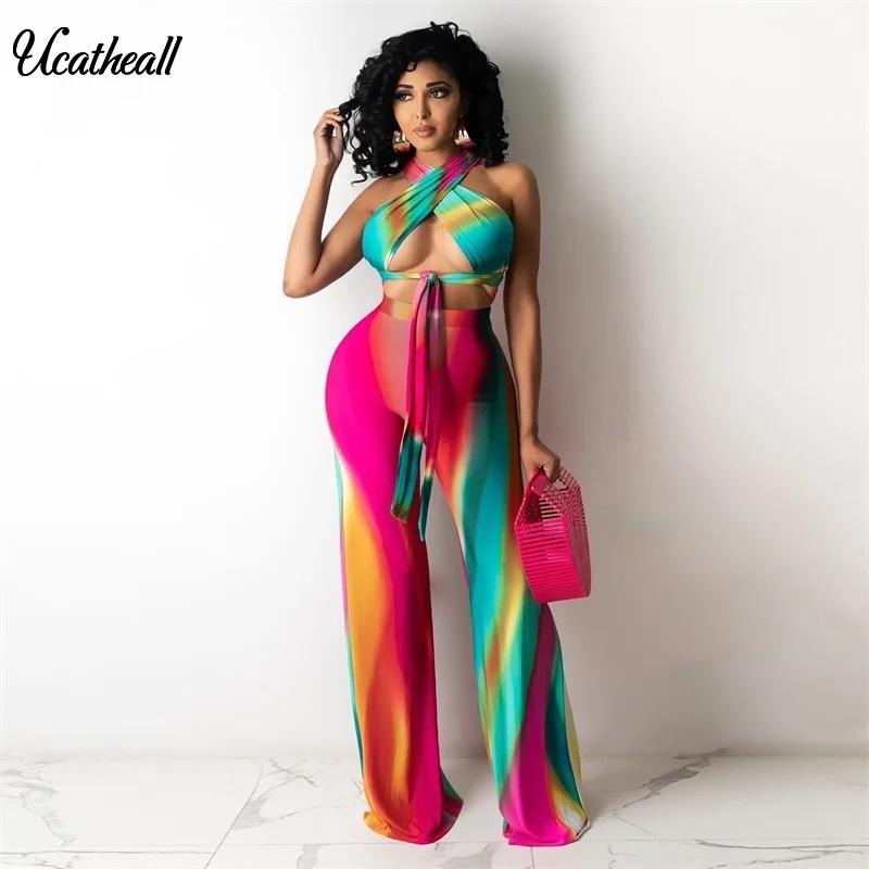 

Women Sexy Two Piece Set Backless Bandage Sleeveless Crop Top And Loose Wide Leg Pants Set Loose Party Club Tracksuit Outfits
