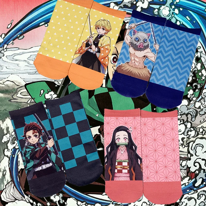 

4 Pairs/Set Female Summer Short Socks Japanese Anime Demon Slayer Socks Cartoon Parent-child Print Socks