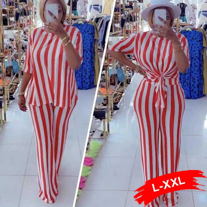 

African Striped 2 Piece Set Fashion Short Sleeve Shirt Tops and Pants Suits Loose Office Lady Wide Leg Pants Outfits Tracksuits
