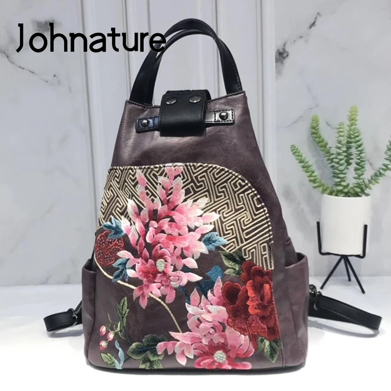 Johnature Vintage Bagpack 2022 New Chinese Style Handmade Embroidery Women Leather Bag Large Capacity Female Travel Backpack