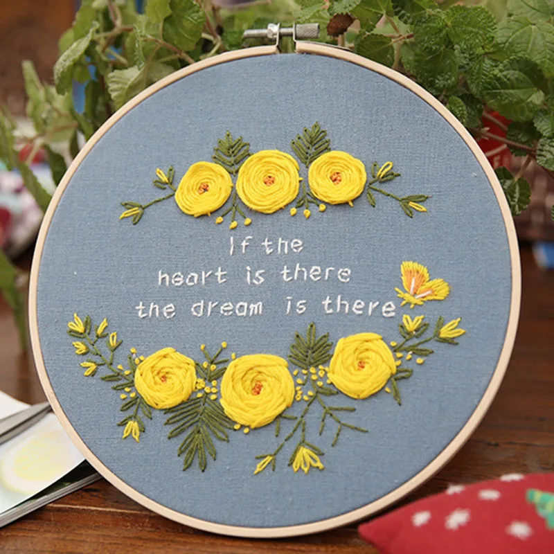 

DIY Embroidery Starter Kit Pre Printed Needlework Flower Pattern Color Threads with Embroidery Hoop M56