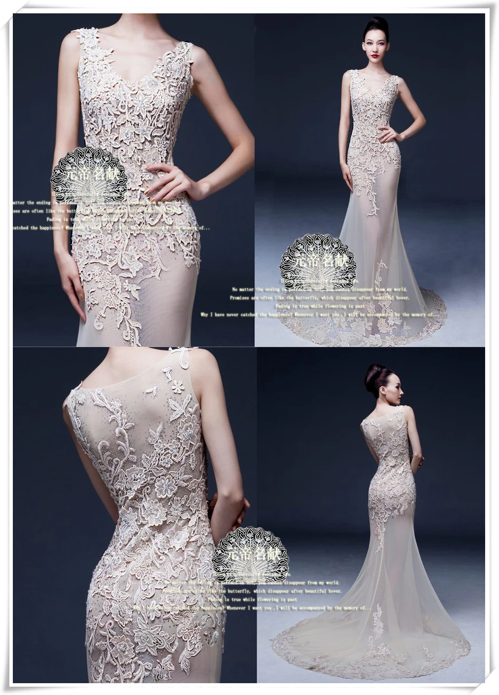 

custom-made salomon hot sexy party dresses v-neck vestido de festa renda 2014 new fashion appliques evening dress free shipping