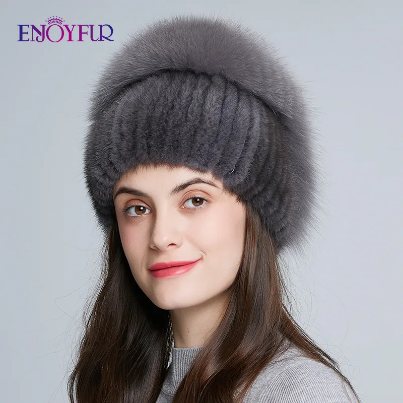 ENJOYFUR шапки из натурального меха норки для женщин шапки из натурального меха лисы высококачественные вязаные меховые шапки толстые теплые шапочки с розой и камнями