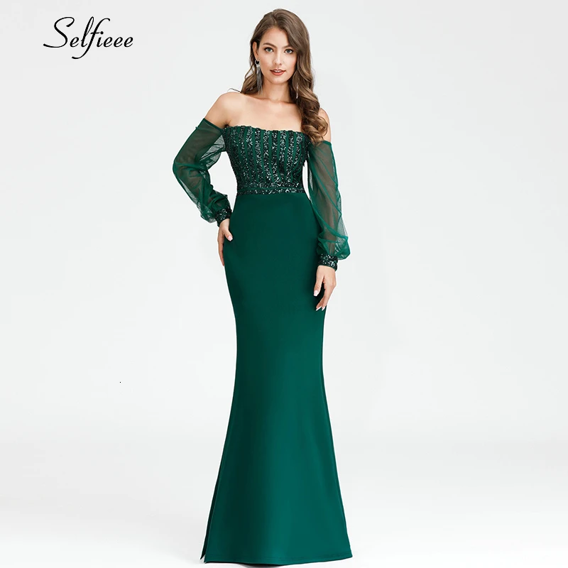 Сексуальное вечернее платье Русалочки с открытыми плечами и длинным рукавом