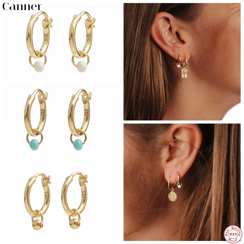 

CANNER 925 Sterling Silver Personality 6Colors Beads Pendant Hoop Earring Hypoallergenic Ear Fine Jewelry For Women Men Gifts